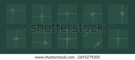 Outline tie bow with gift, present box. Simple vector card, poster designs on green. Ribbon bowknot for box, package, decoration design.