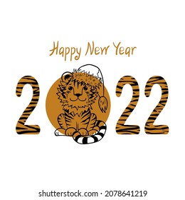 Outline tiger cub wearing Santa Claus hat and text 2022. Perfect for cards, party invtations, posters and stickers.