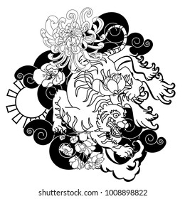 outline tiger face tattoo with chrysanthemum flower and cherry blossom.Tiger tattoo Japanese style.