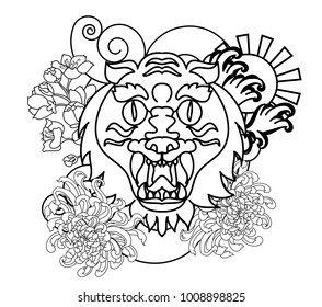 outline tiger face tattoo with chrysanthemum flower and cherry blossom.Tiger tattoo Japanese style.