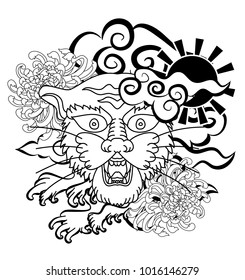 outline tiger face tattoo with chrysanthemum flower and cherry blossom.Tiger tattoo Japanese style.