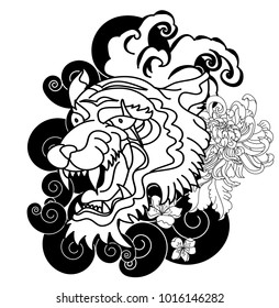 outline tiger face tattoo with chrysanthemum flower and cherry blossom.Tiger tattoo Japanese style.