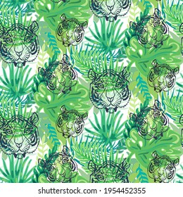Outline tiger head seamless pattern wallpaper vector