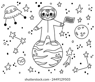 Outline tiger in open space. Line cute animal astronaut in space suits. Character exploring universe galaxy with planets, stars, spaceship for children print.