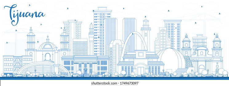 Outline Tijuana Mexico City Skyline with Blue Buildings. Vector Illustration. Tourism Concept with Historic and Modern Architecture. Tijuana Cityscape with Landmarks.