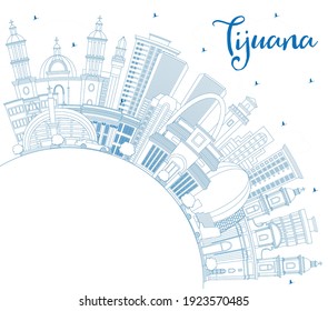 Outline Tijuana Mexico City Skyline with Blue Buildings and Copy Space. Vector Illustration. Tourism Concept with Historic and Modern Architecture. Tijuana Cityscape with Landmarks.