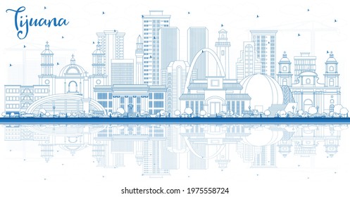 Outline Tijuana Mexico City Skyline with Blue Buildings and Reflections. Vector Illustration. Tourism Concept with Historic and Modern Architecture. Tijuana Cityscape with Landmarks.