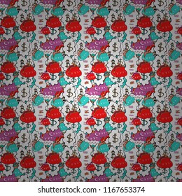 Of Outline Tile Background. Cryptocurrency Financial Items. Bitcoin seamless pattern. Vector illustration. Icons on white, red and blue colors.