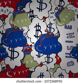 Of Outline Tile Background. Vector illustration. Icons on red, white and blue colors. Cryptocurrency Financial Items. Bitcoin seamless pattern.