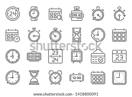Outline time icon. Timekeeper, stopwatch and timer icons. Alarm clock, calendar and line hourglass sign vector set