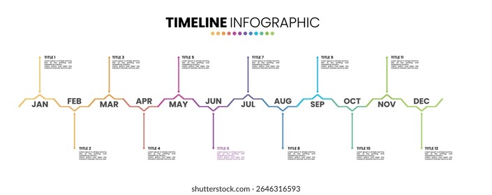 Outline timeline infographic presentation template 12 options. 12 month or 1 year calendar infographic template