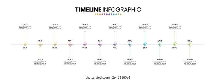 Descrever as opções do modelo de apresentação de infográfico da linha de tempo 12. Modelo infográfico de calendário de 12 meses ou 1 ano