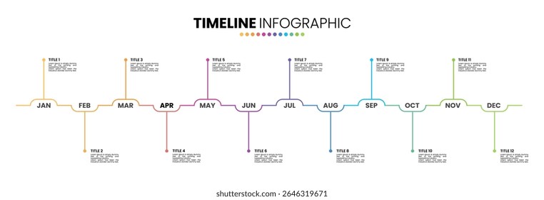 Descrever as opções do modelo de apresentação de infográfico da linha de tempo 12. Modelo infográfico de calendário de 12 meses ou 1 ano