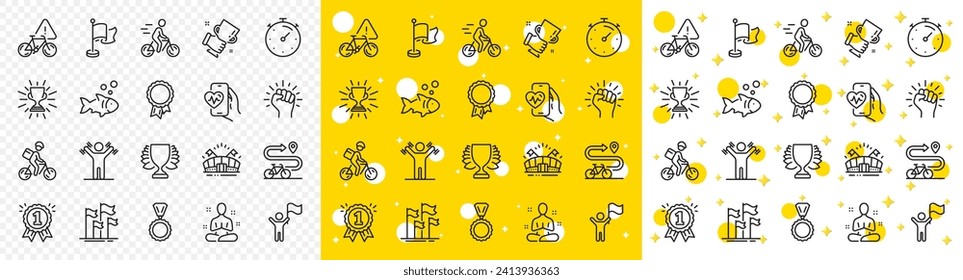 Outline Timer, Cardio training and Winner cup line icons pack for web with Flags, Flag, Success line icon. Dumbbells workout, Medal, Delivery bike pictogram icon. Empower, Cyclist, Winner. Vector