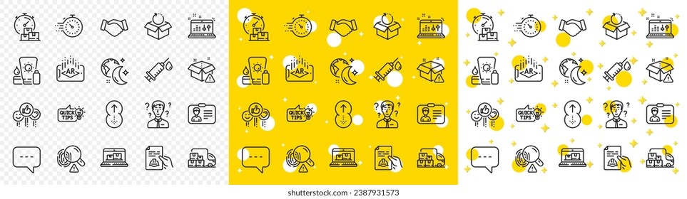 Outline Timer, Like and Education idea line icons pack for web with Handshake, Sleep, Swipe up line icon. Delivery warning, Delivery truck, Medical syringe pictogram icon. Vector