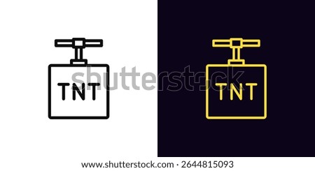 Outline TNT icon, with editable stroke. TNT detonator box with handle, dynamite icon. Bomb detonator, explosion danger warning, dynamite blast, explosive charge and blasting work caution. Vector icon