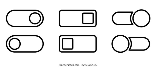 Outline toggle icon set. Switch toggle slider. Turn off and on toggle. Outline switcher icon set. Switcher in black. Linear Turn on slider. Active and inactive slider. Stock vector illustration