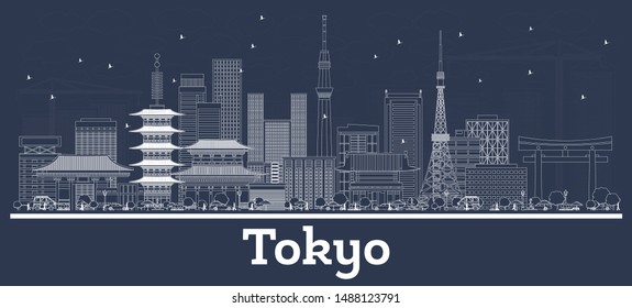 Outline Tokyo Japan City Skyline with White Buildings. Vector Illustration. Business Travel and Concept with Historic Architecture. Tokyo Cityscape with Landmarks. 