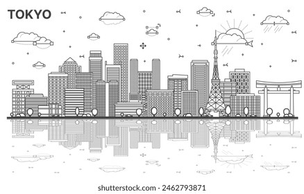 Diseña el horizonte de la ciudad de Tokio Japón con edificios modernos e históricos y reflejos aislados en blanco. Paisaje urbano de Tokio con Lugares famosos.