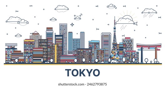 Outline Tokyo Japan city skyline with colored modern and historic buildings isolated on white. Vector illustration. Tokyo cityscape with landmarks.