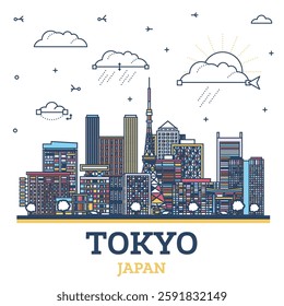 Outline Tokyo Japan city skyline with colored modern and historic buildings isolated on white. Vector illustration. Tokyo cityscape with landmarks.