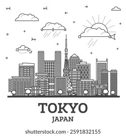 Outline Tokyo Japan city skyline with modern and historic buildings isolated on white. Vector illustration. Tokyo cityscape with landmarks.