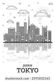 Outline Tokyo Japan city skyline with modern and historic buildings and refletions isolated on white. Tokyo cityscape with landmarks. Vector illustration.