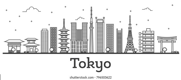 Outline Tokyo Japan City Skyline with Modern Buildings Isolated on White. Vector Illustration. Tokyo Cityscape with Landmarks.