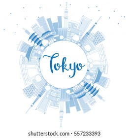 Outline Tokyo Skyline with Blue Buildings and Copy Space. Vector Illustration. Business Travel and Tourism Concept with Modern Architecture. Image for Presentation Banner Placard and Web Site.