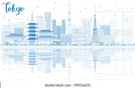 Outline Tokyo Skyline with Blue Buildings and Reflections. Vector Illustration. Business Travel and Tourism Concept with Modern Architecture. Image for Presentation Banner Placard and Web Site.