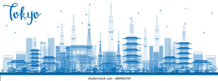 Outline Tokyo Skyline with Blue Buildings. Vector Illustration. Business Travel and Tourism Concept with Modern Architecture. Image for Presentation Banner Placard and Web Site.
