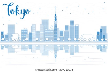 Outline Tokyo skyline with skyscrapers and Reflection. Vector illustration. Business travel and tourism concept with modern buildings. Image for presentation, banner, placard and web site