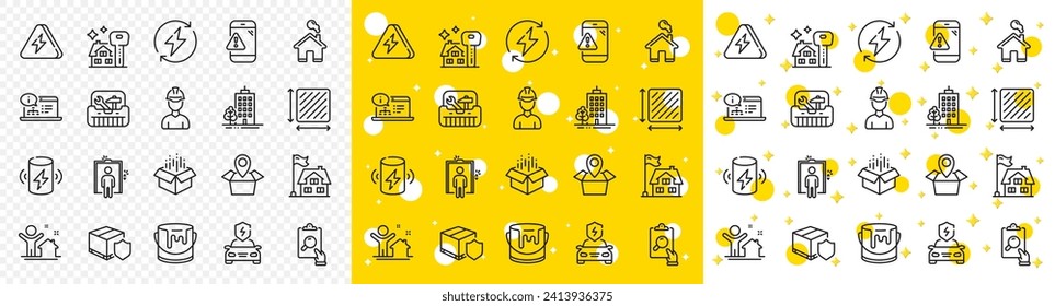 Outline Toolbox, Square area and Lightning bolt line icons pack for web with Renewable power, Open box, New house line icon. Car charging, Buying house, Skyscraper buildings pictogram icon. Vector