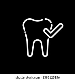 Outline tooth icon with checkup vector. Dentist logo suitable for mobile user interface isolated on black background. Vector Illustration