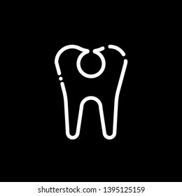 Outline tooth icon with hole vector. Dentist logo suitable for mobile user interface isolated on black background. Vector Illustration