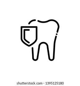 Outline tooth icon with shield vector. Dentist logo suitable for mobile user interface isolated on white background. Vector Illustration