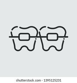 Outline tooth icon with stirrup vector. Dentist logo suitable for mobile user interface isolated on grey background. Vector Illustration