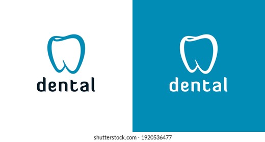 Outline tooth icons on white and blue backgrounds. Abstract dental logo designs.