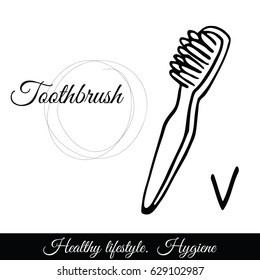 Outline toothbrush vector icon. A symbol of hygiene/Linear sketch of a brush, isolated on white background. Logo, sign on the theme of healthy lifestyle