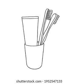 Umrisse Zahnbürsten und Zahnpasta-Symbol. Zwei Zahnbürsten und Zahnpasta in einem Glas.