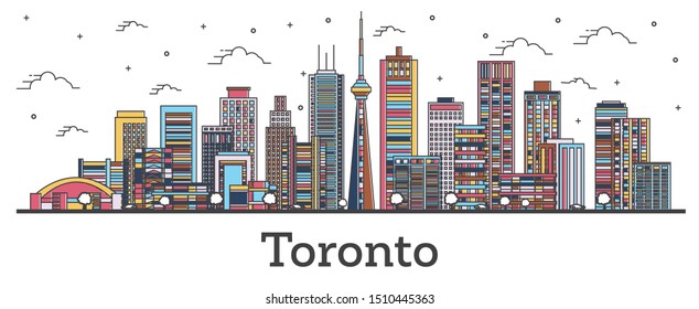 Outline Toronto Canada City Skyline With Color Buildings Isolated On White. Vector Illustration. Toronto Cityscape With Landmarks.