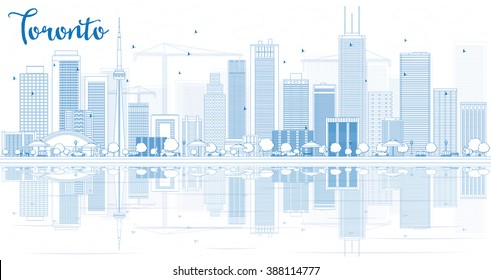 Outline Toronto skyline with blue buildings and reflections. Vector illustration. Business travel and tourism concept with place for text. Image for presentation, banner, placard and web site.