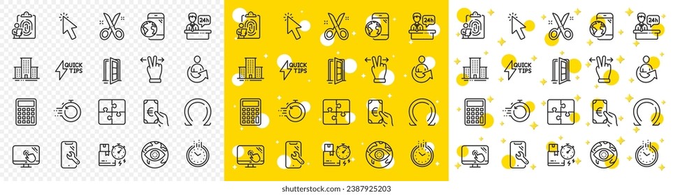 Outline Touchscreen gesture, Quickstart guide and Omega line icons pack for web with Cursor, Calculator, Puzzle line icon. Smartphone repair, Reception desk, Touch screen pictogram icon. Vector