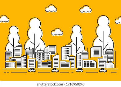 Outline town street with buildings. City line illustration