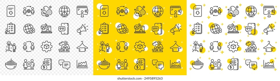 Outline Trade chart, Wallet and Creative idea line icons pack for web with Download file, Dots message, Magistrates court line icon. Iron, Money, Workflow pictogram icon. Megaphone. Vector