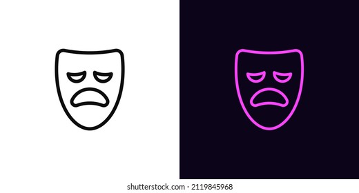Outline tragedy mask icon, with editable stroke. Drama mask sign, sad face pictogram. Dramatic theatrical performance, tragedy show, sadness face. Vector icon, symbol for UI and Animation
