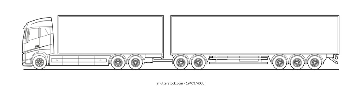 Outline Trailer truck vector mock up for advertising, corporate identity. For coloring book. Isolated template of the box truck on white. Vehicle branding mockup. Truck with a trailer.