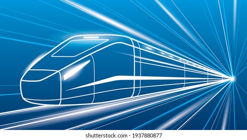 Outline train in motion, locomotive move, dynamic transportation illustration, vector lines design art