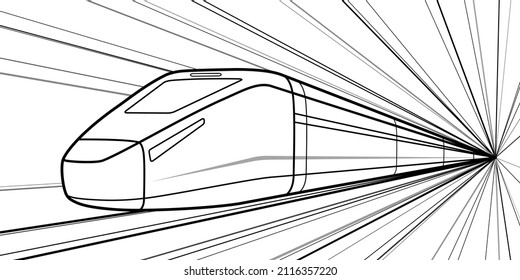 Outline train in motion on white background, locomotive move, dynamic transportation illustration, vector lines design art