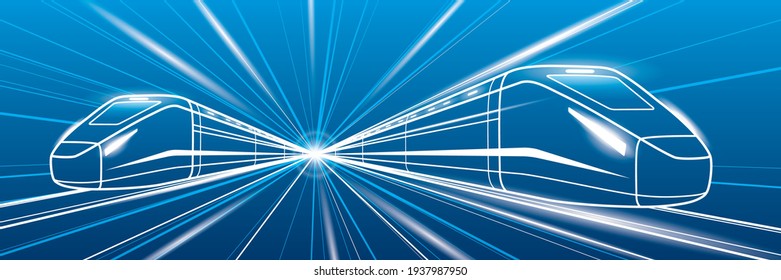 Outline trains in motion, locomotive move, dynamic transportation illustration, vector lines design art